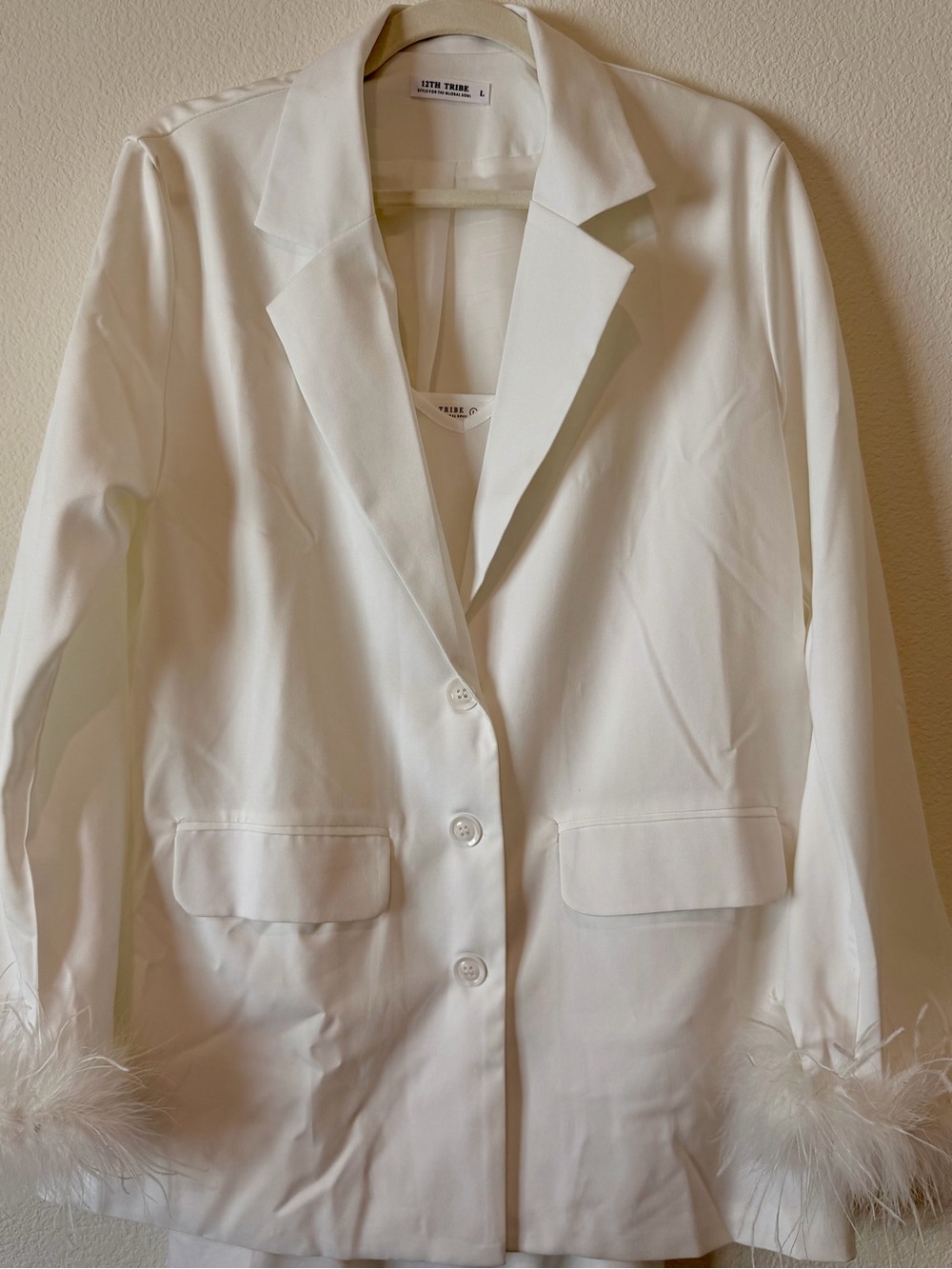 12th Tribe White Feather Cuff Blazer Dress w/Slip Dress
